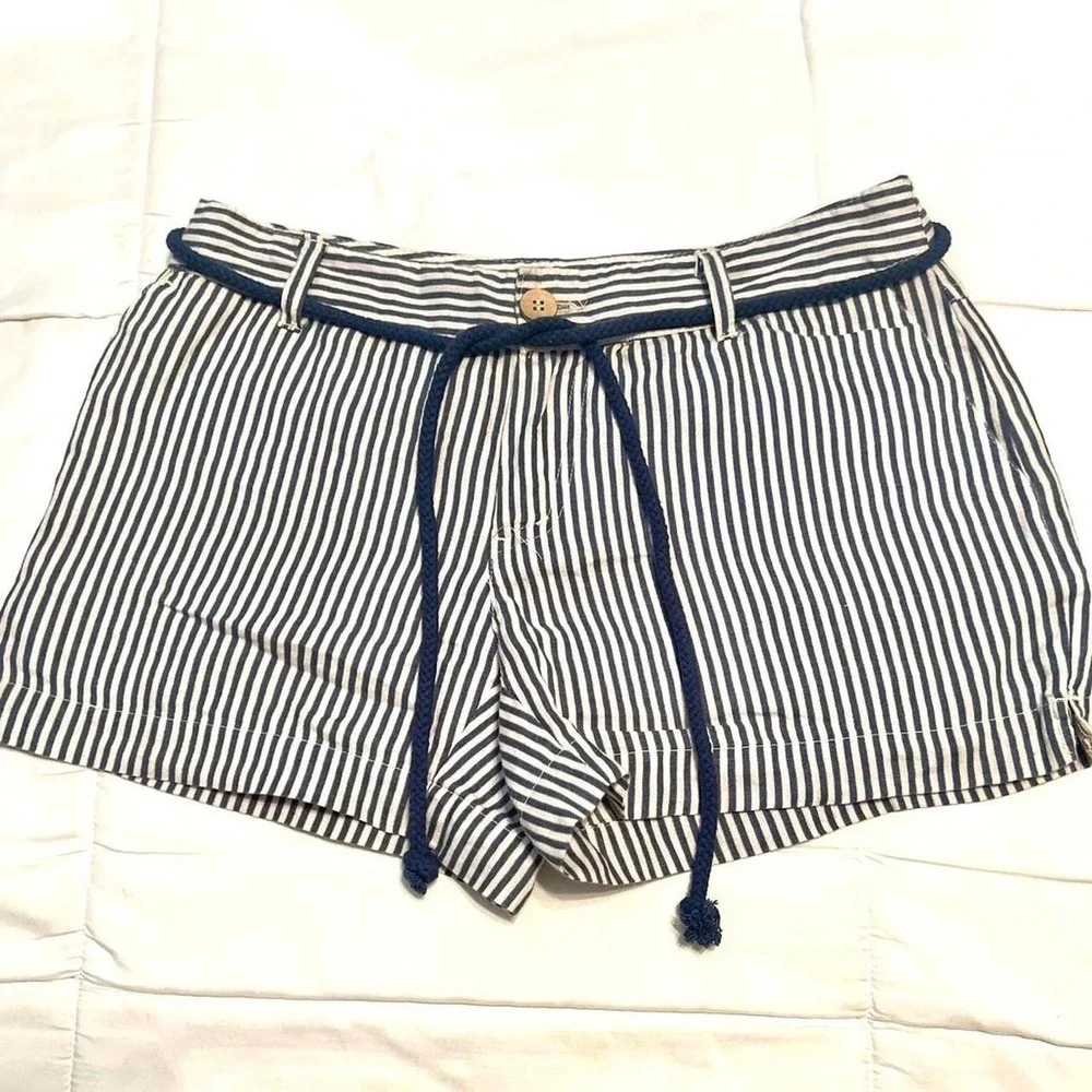 Cynthia Rowley navy + white striped shorts with adjustable waist